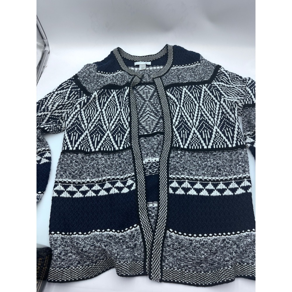 Christopher & Banks Navy Blue White Geometric Fair Isle Open Front Cardigan L